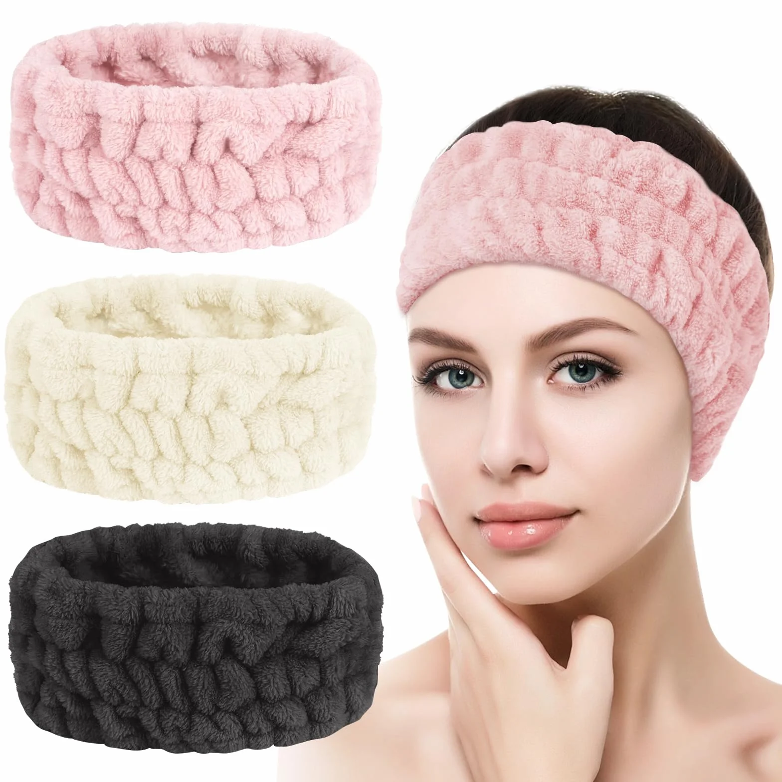 Flintronic Confezione da 3 fasce per capelli da donna, soffici per lavare il viso, morbida spugna, doccia, yoga, sport (bianco, nero, rosso anguria)