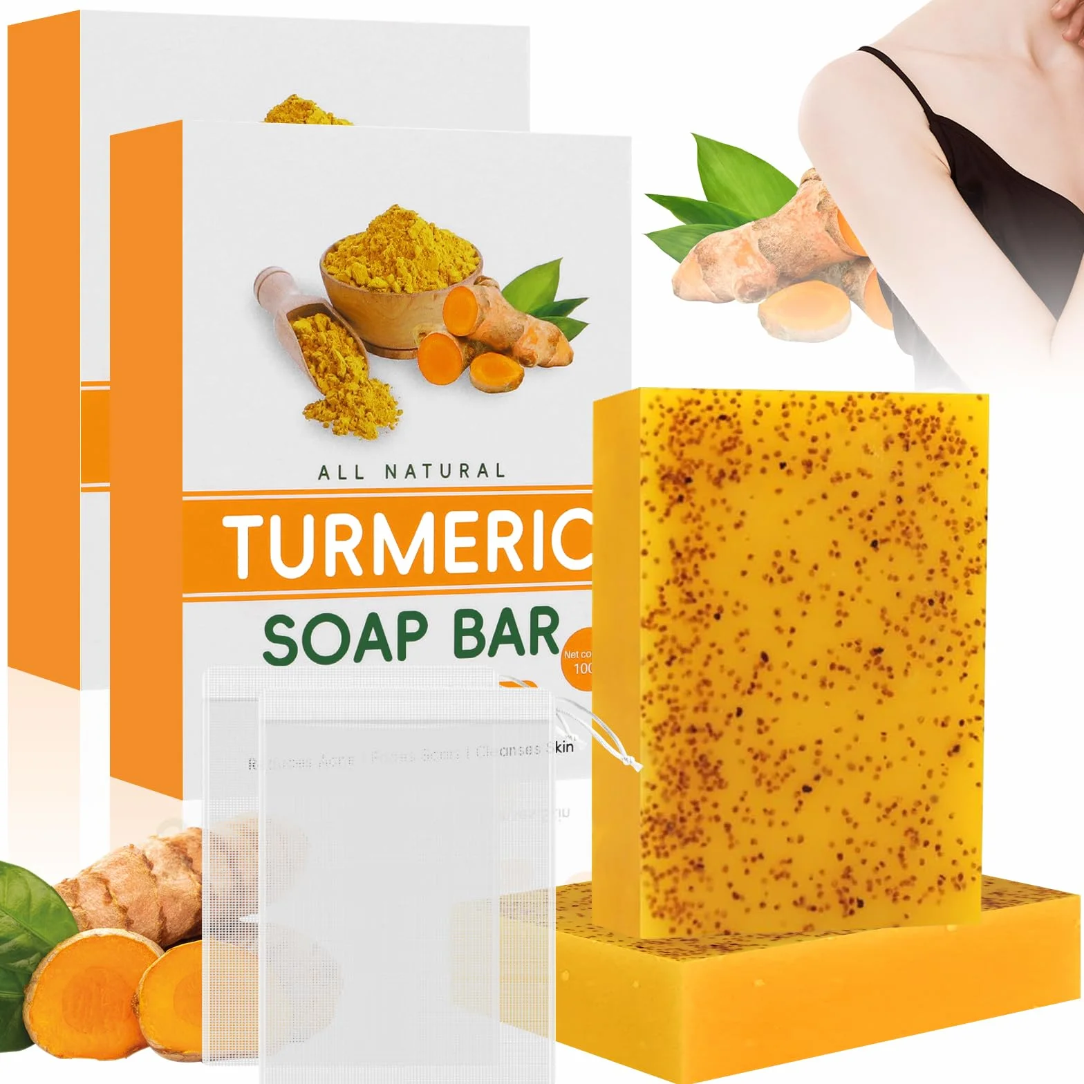 Sapone Sbiancante e Illuminante, 2 Pezzi Turmeric Kojic Acid Soap, Sapone per la Cura del Corpo, Saponetta Alla Curcuma Per Schiarire le Macchie Scure Esfoliano Idratante Sbiancante