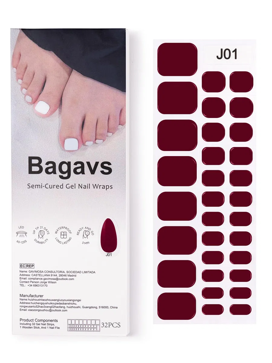 Strisce Adesive Unghie Gel UV Piedi 32 PCS Burgundy Pedicure Semi Indurite Effetto Gel Lucido