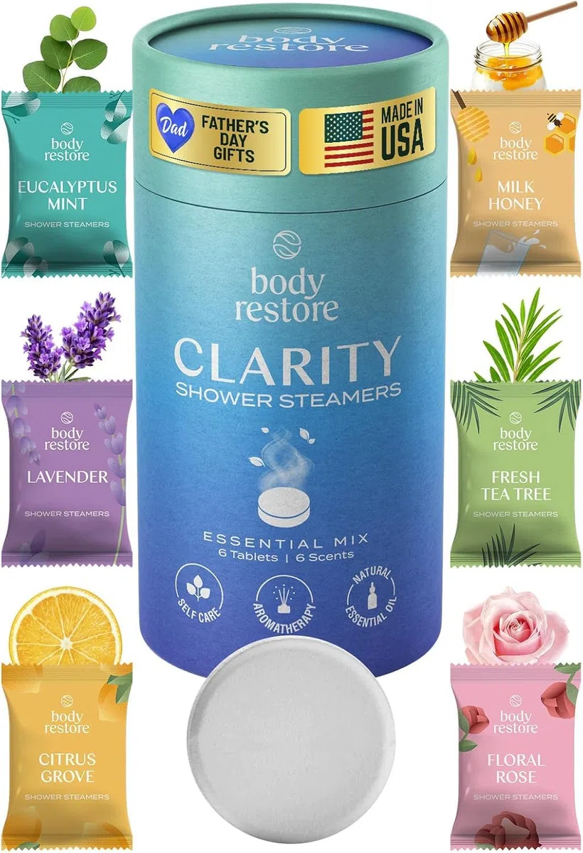 Body Restore Shower Steamers Aromatherapy 6 Pack - Relaxation Birthday Gifts for Women and Men, Travel Essentials, Stress Relief and Self Care - Clarity