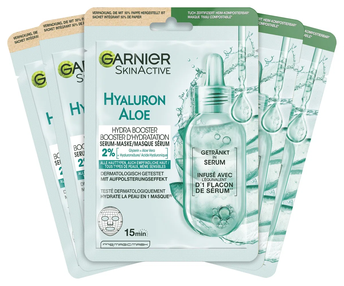 Garnier Maschera viso per tutti i tipi di pelle, rinfrescante e idratante, con acido ialuronico e aloe vera, Hydra Bomb, 5 x 28 g