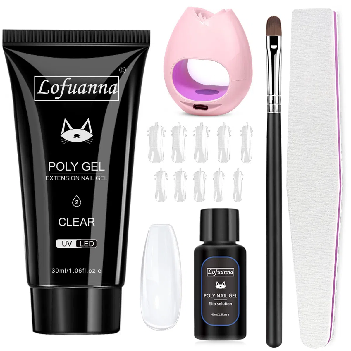 Lofuanna Kit Poly Gel per Unghie - 30ML Trasparente Estensione Con Lampada, Slip Solution, Form, Pennello - Kit Fai Da Te per Principianti