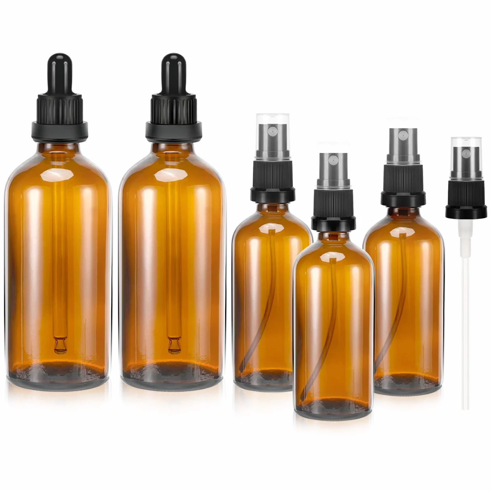 Zikenis 5 pezzi Braun nebulizzatore, 2 x 100 ml, 3 x 50 ml, con protezione UV, contagocce sostituibili e punte spray, forte tenuta, portatile, riutilizzabile, vetro, marrone
