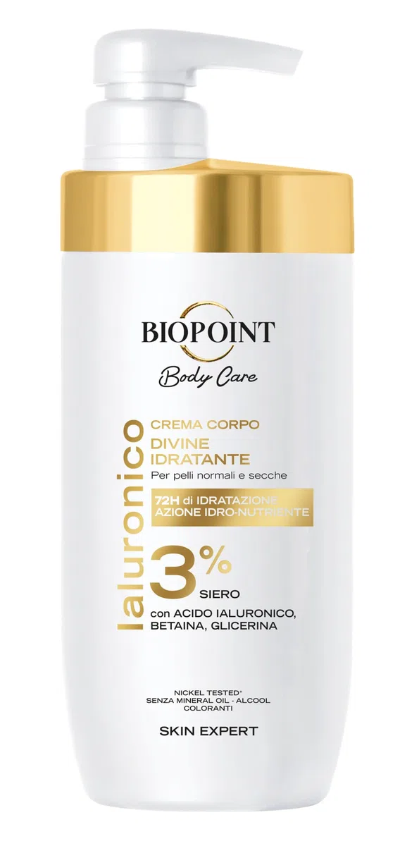 Biopoint - Crema Corpo Divine Cream, 3% Siero con Acido Ialuronico, Betaina e Glicerina, Nutre e Idrata Donando una Profumazione Unica e Raffinata alla Pelle, 500 ml