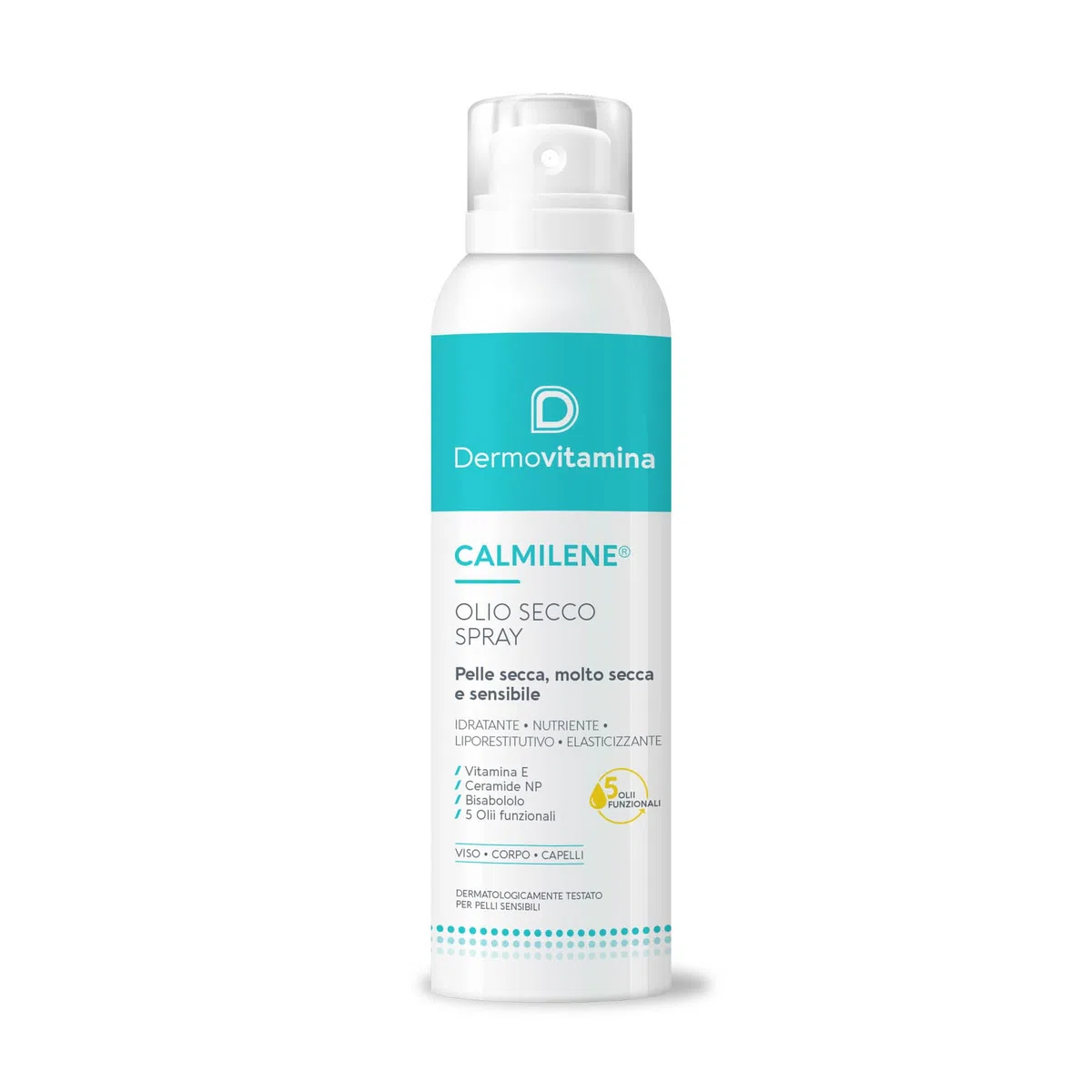 Calmilene Olio Secco Spray 200 ml - Spray con olio corpo e viso - Per la pelle sensibili e dermatiti - 5 Olii funzionali - Ricchi di Omega 3, Omega 6, Ceramide e Vitamina E - Dermovitamina